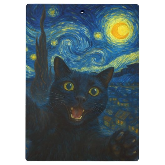 Zwarte Kat Sterrennacht Van Gogh Kat Selfie Klembord (Achterkant)