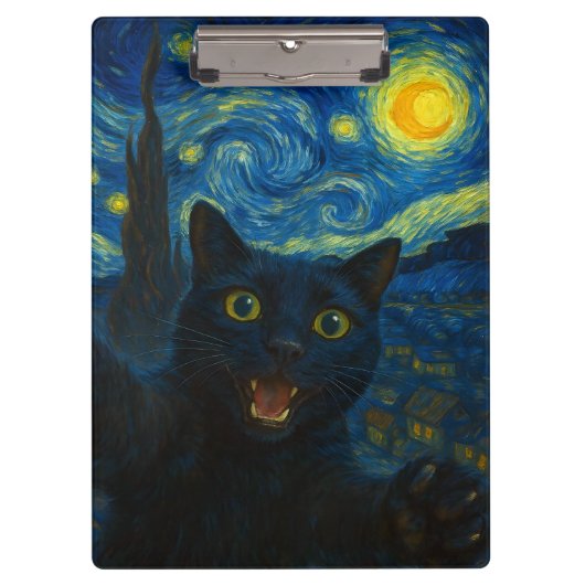 Zwarte Kat Sterrennacht Van Gogh Kat Selfie Klembord (Voorkant)