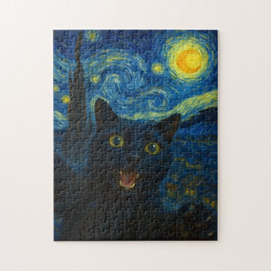 Zwarte Kat Sterrennacht Van Gogh Kat Selfie Legpuzzel (Verticaal)