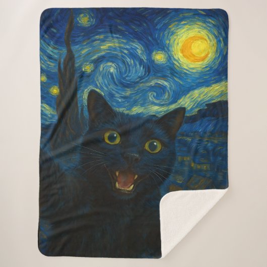Zwarte Kat Sterrennacht Van Gogh Kat Selfie Sherpa Deken (Voorkant)
