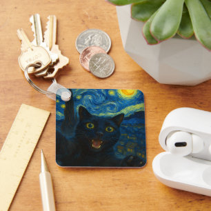 Zwarte Kat Sterrennacht Van Gogh Kat Selfie Sleutelhanger