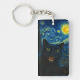 Zwarte Kat Sterrennacht Van Gogh Kat Selfie Sleutelhanger