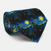 Zwarte Kat Sterrennacht Van Gogh Kat Selfie Stropdas (Opgerold)