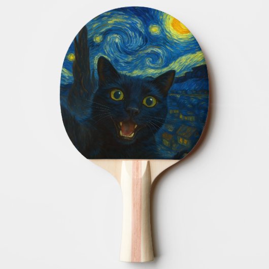 Zwarte Kat Sterrennacht Van Gogh Kat Selfie Tafeltennisbatje (Achterkant)