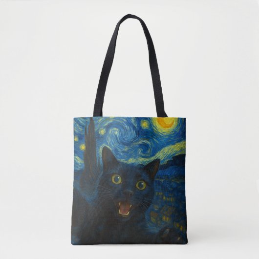 Zwarte Kat Sterrennacht Van Gogh Kat Selfie Tote Bag (Voorkant)