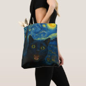 Zwarte Kat Sterrennacht Van Gogh Kat Selfie Tote Bag (Dichtbij)