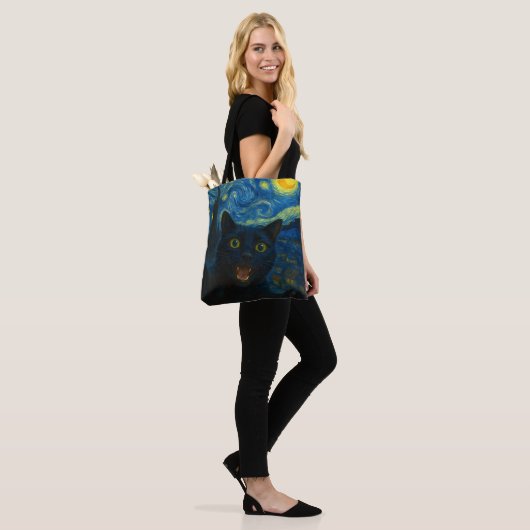 Zwarte Kat Sterrennacht Van Gogh Kat Selfie Tote Bag (Op model)
