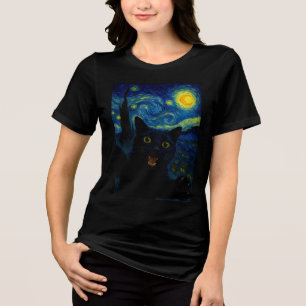 Zwarte Kat Sterrennacht Van Gogh Kat Selfie Tri-Blend Shirt