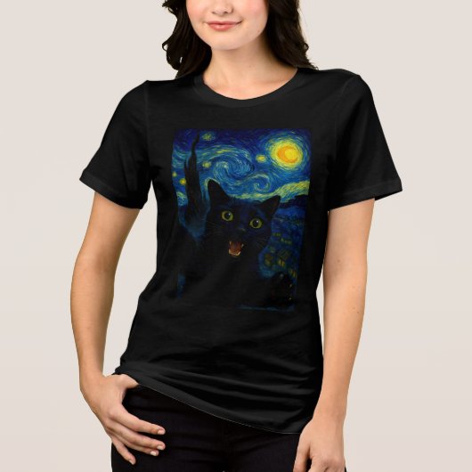 Zwarte Kat Sterrennacht Van Gogh Kat Selfie Tri-Blend Shirt (Voorkant)