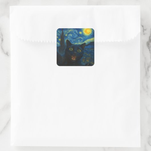 Zwarte Kat Sterrennacht Van Gogh Kat Selfie Vierkante Sticker (Tas)