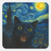 Zwarte Kat Sterrennacht Van Gogh Kat Selfie Vierkante Sticker (Voorkant)