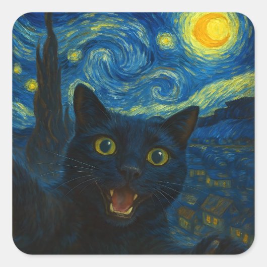 Zwarte Kat Sterrennacht Van Gogh Kat Selfie Vierkante Sticker (Voorkant)