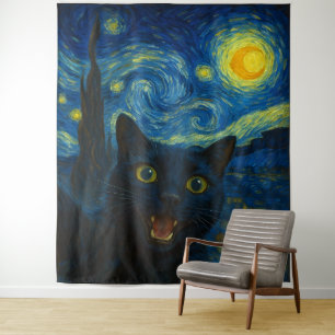 Zwarte Kat Sterrennacht Van Gogh Kat Selfie Wandkleed