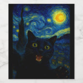 Zwarte Kat Sterrennacht Van Gogh Kat Selfie Wijn Etiket (Enkel label)
