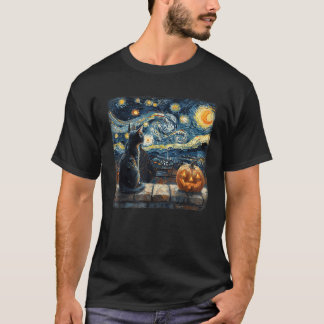 Zwarte Kat Sterrennacht Van Gogh Pompoenen Fun Hal T-shirt