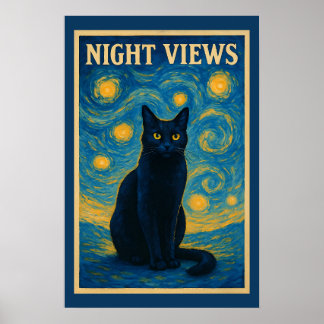 Zwarte kat Sterrennacht Van Gogh Poster