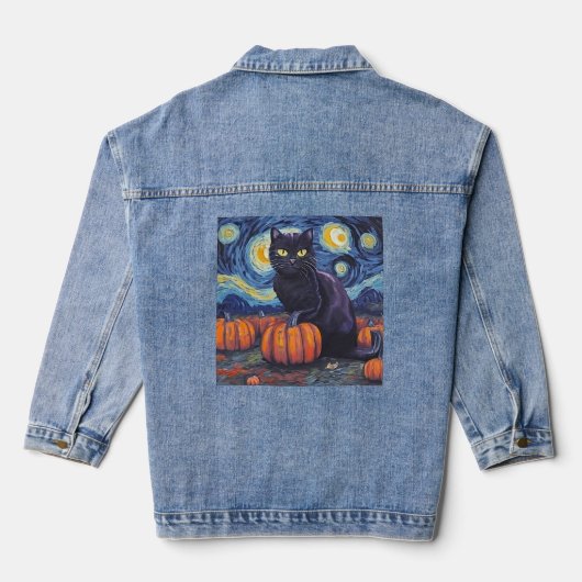 Zwarte Kat Sterrennacht Van Gogh Stijl Kunst Pompo Denim Jacket (Achterkant)