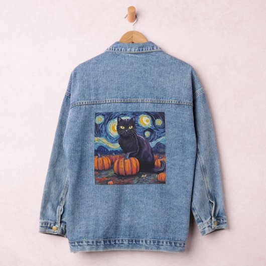 Zwarte Kat Sterrennacht Van Gogh Stijl Kunst Pompo Denim Jacket (Hangar)