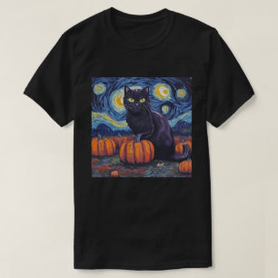 Zwarte Kat Sterrennacht Van Gogh Stijl Kunst Pompo T-shirt