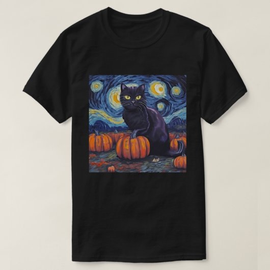 Zwarte Kat Sterrennacht Van Gogh Stijl Kunst Pompo T-shirt (Design voorkant)