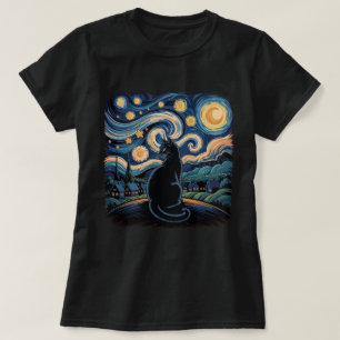 Zwarte Kat Sterrennacht Wervelende Lucht Kunst T-shirt