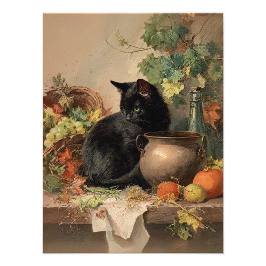 zwarte kat te midden van herfstvruchten foto afdruk (Voorkant)