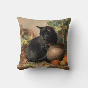zwarte kat te midden van herfstvruchten kussen