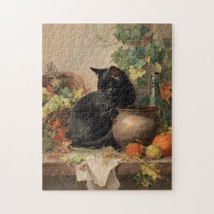 zwarte kat te midden van herfstvruchten legpuzzel