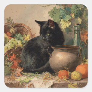 zwarte kat te midden van herfstvruchten vierkante sticker