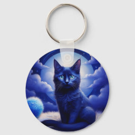 Zwarte kat tegen een achtergrond van een blauwe ma sleutelhanger