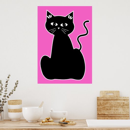 Zwarte Kat tegen een opgeruimde achtergrond Poster (Keuken)