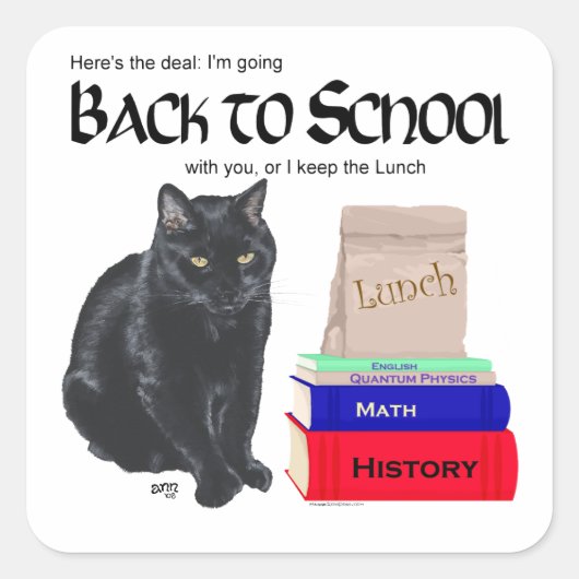 Zwarte Kat Terug naar School Vierkante Sticker (Voorkant)