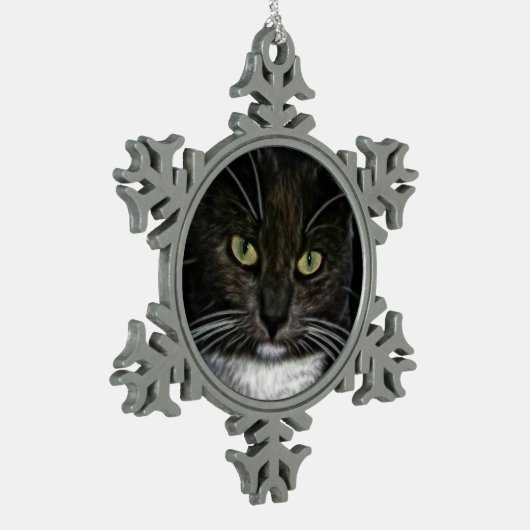 Zwarte kat tin sneeuwvlok ornament (Links)