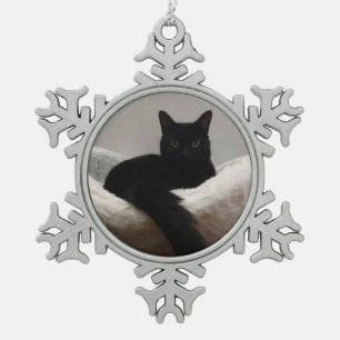 Zwarte kat tin sneeuwvlok ornament