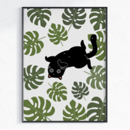 Zwarte Kat Tropische Bladeren Plantenliefhebber Poster