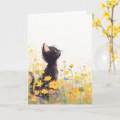 Zwarte Kat tussen de Bloemen Kaart (Gele Bloem)