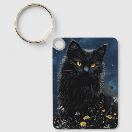 Zwarte Kat Tussen de Bloemen Sleutelhanger