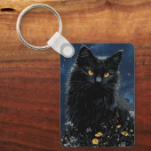 Zwarte Kat Tussen de Bloemen Sleutelhanger (Voorkant)