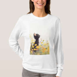 Zwarte Kat Tussen de Bloemen T-shirt
