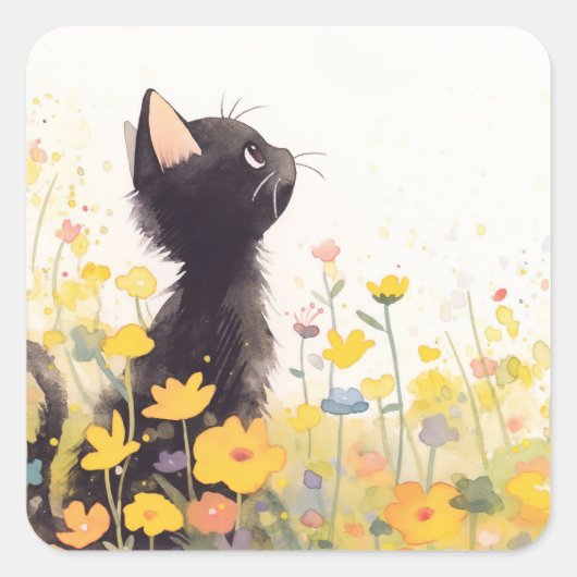 Zwarte Kat tussen de Bloemen Vierkante Sticker (Voorkant)