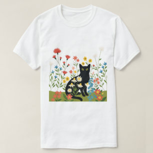 Zwarte kat tussen kleurrijke wilde bloemen - Cotta T-shirt