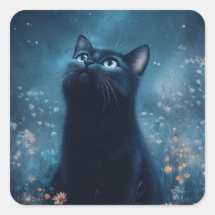 Zwarte Kat Tussen Maanverlichte Veldbloemen Vierkante Sticker