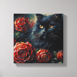 Zwarte kat tussen rode rozen Gothic Canvas Afdruk