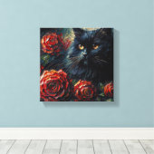 Zwarte kat tussen rode rozen Gothic Canvas Afdruk (Insitu (Houten vloer))