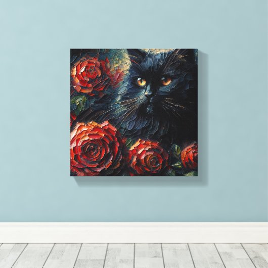 Zwarte kat tussen rode rozen Gothic Canvas Afdruk (Insitu (Houten vloer))