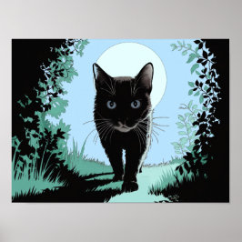Zwarte kat uit het maanlicht Poster Print Art
