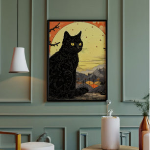Zwarte kat Ukiyo-e Foto Afdruk