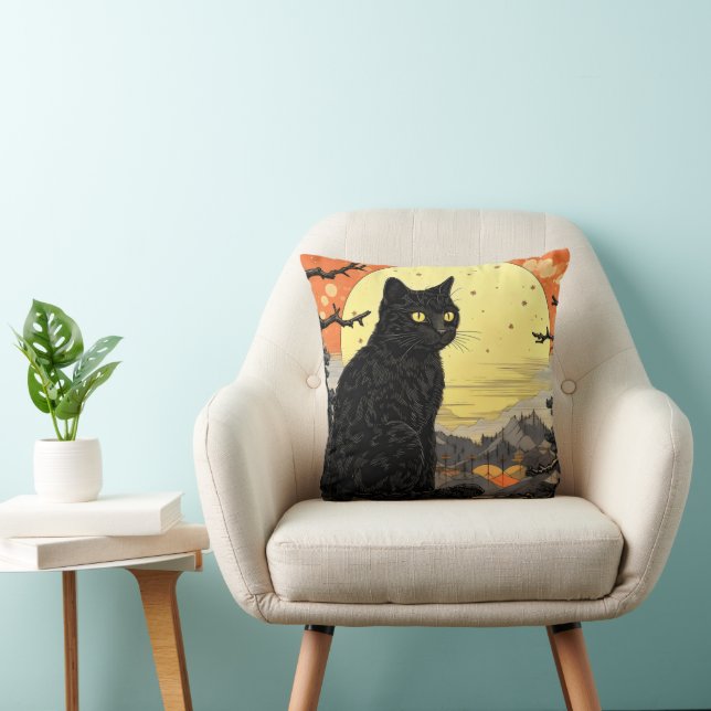 Zwarte kat Ukiyo-e Kussen (Stoel)