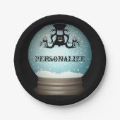 Zwarte kat valt kroonluchter herfst sneeuwbol papieren bordje (Voorkant)