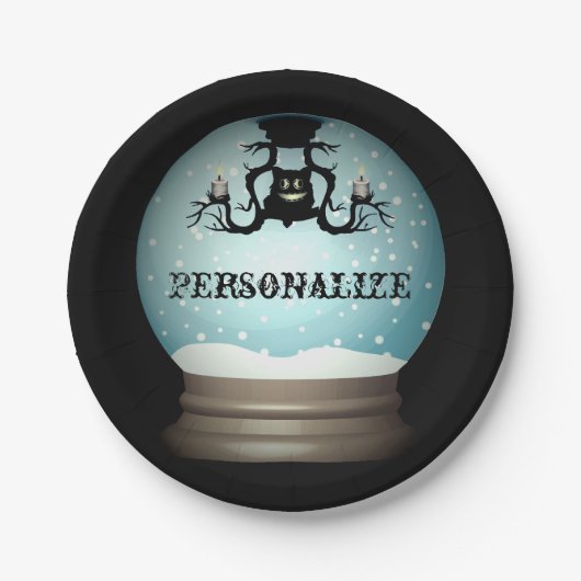 Zwarte kat valt kroonluchter herfst sneeuwbol papieren bordje (Voorkant)